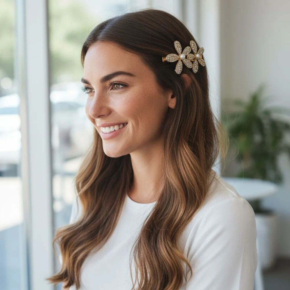 Rhinestone Double‎ Flower Hair Clip- Available In Gold or Silver